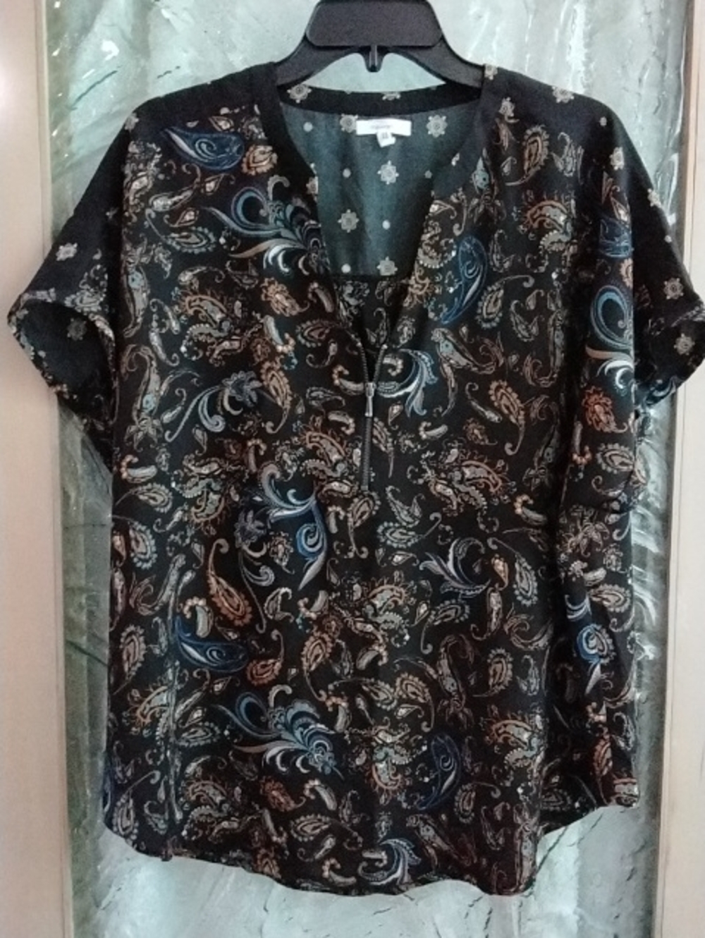 Maurices Black Paisley V-Neck Zip Front Blouse with Blue & Brown Accents
